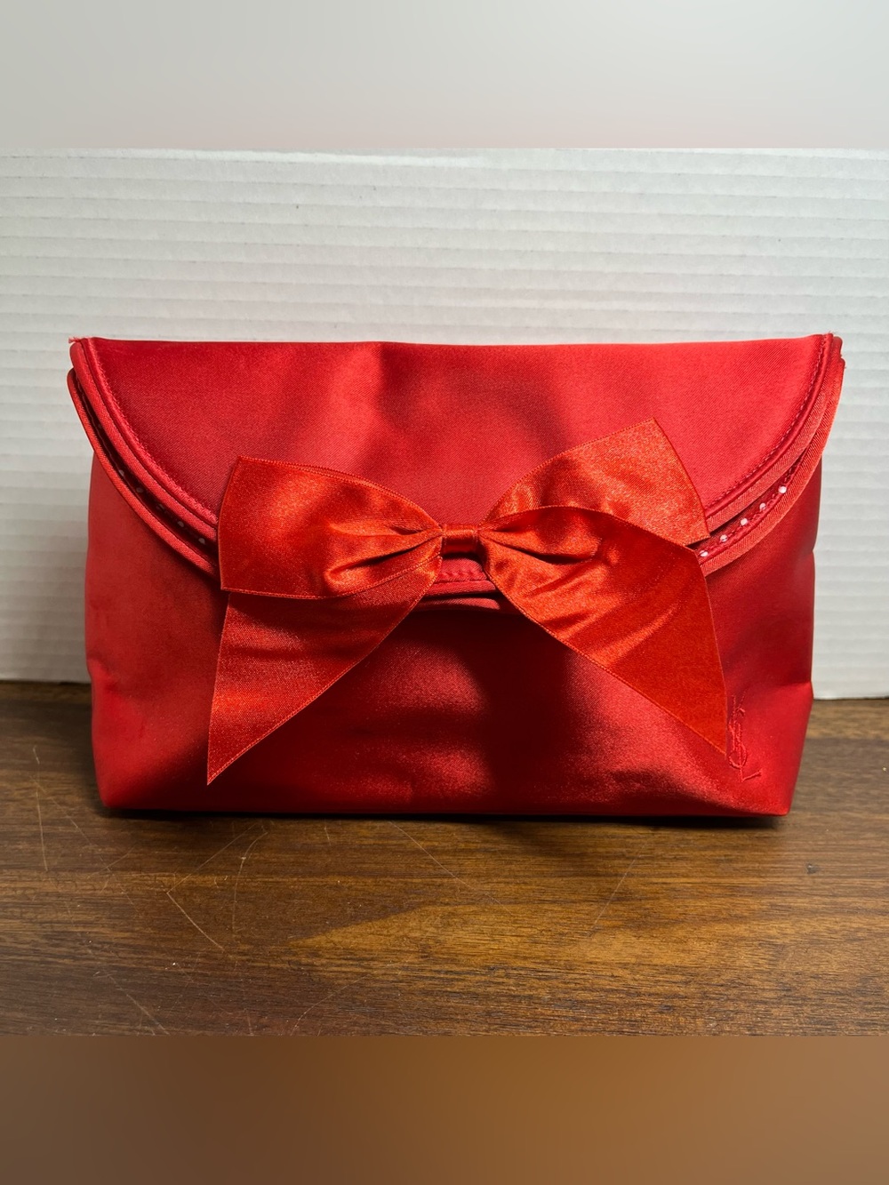YSL Parfums Pouch Red Shiny Satin Silk  Authentic Bow Cosmetics Bag